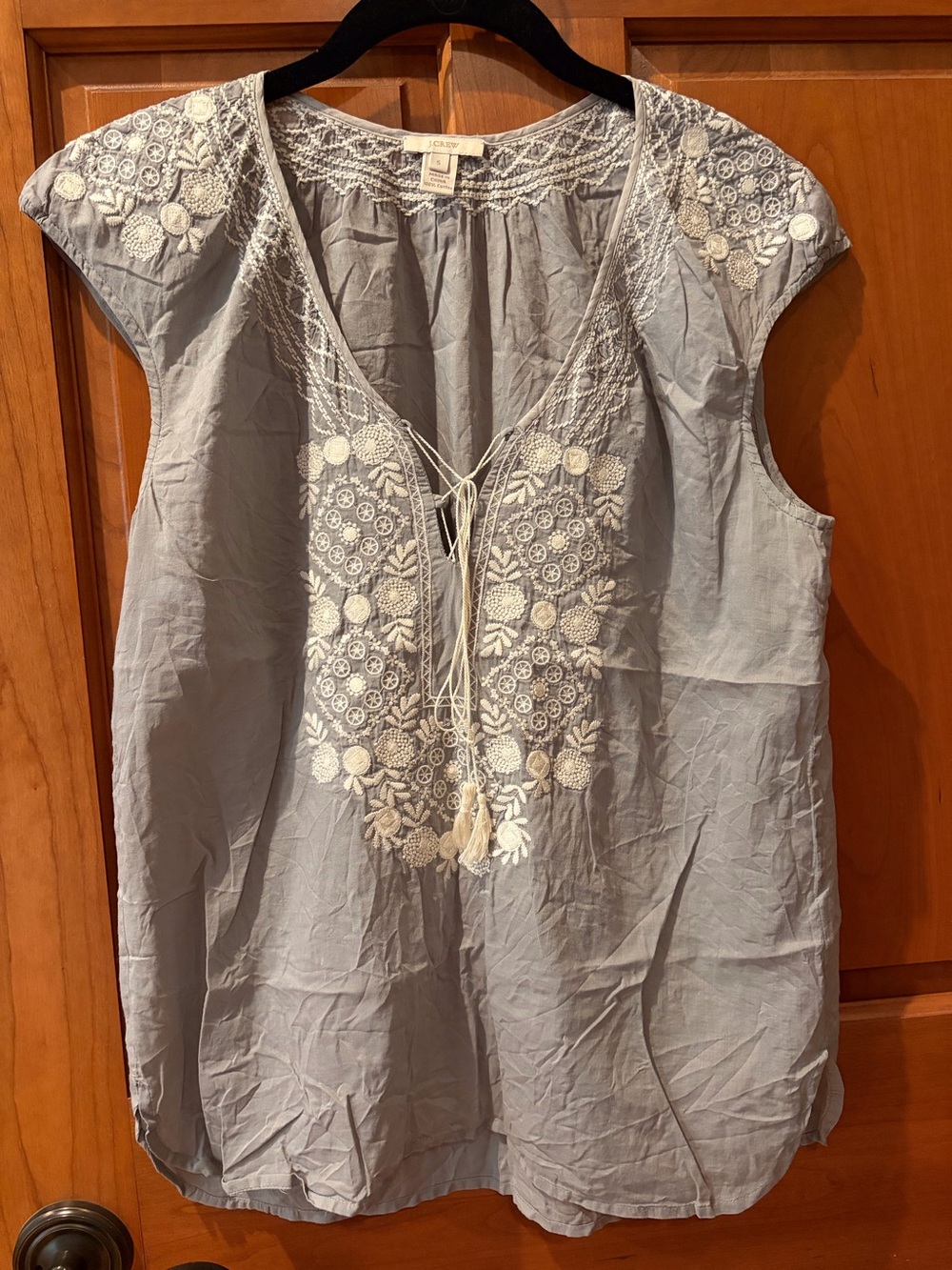 J. Crew Light grey Embroidered V-Neck Tunic with Tassel Ties